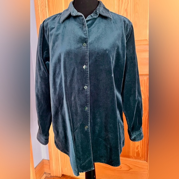 LL Bean Women's Teal Button Front Velvet Soft Cotton SZ M Blouse Top Shirt Cozy - Picture 15 of 17